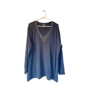 Adrienne Vittadini Black Studded V-Neck Sweater Plus Size 2X Long Sleeve Knit